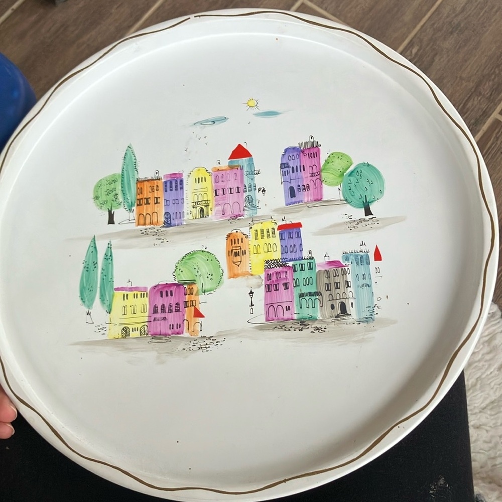 NASHCO Pink and Purple Ceramic Art Plate with Whimsical Townscape